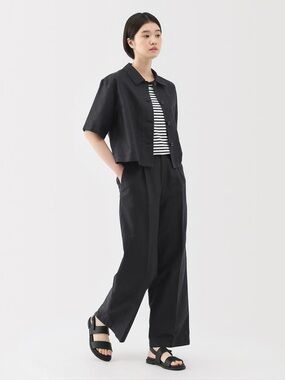 Muji Black Hemp Blend Wide Leg High Rise Trouser Pants Minimalist